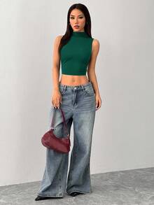 SHEIN PETITE 纯色无袖立领修身休闲短款上衣 - 墨綠色 - 查看 7