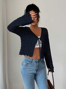 Elenzga Women's Elegant Tie-Up Hollow Out Flare Sleeve Lightweight Cardigan, Autumn - Navy Blue - View 3