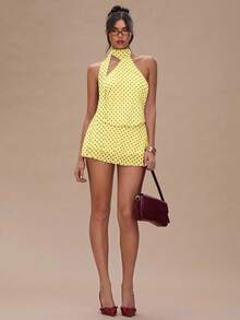 SHEIN BAE Đầm nữ chấm bi cổ yếm hở lưng không tay - Màu vàng - Xem 3