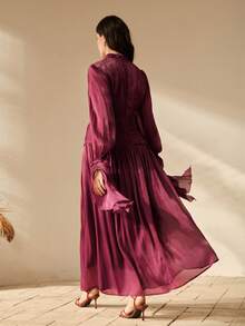 Anewsta 女士长款褶皱连衣裙，优雅时尚的正式礼服，酒红色连衣裙，褶皱女装 - 酒紅色 - 查看 2