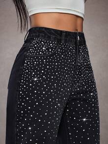 SHEIN Tall 水钻装饰高腰口袋休闲水洗锥形牛仔裤 - 黑色 - 查看 5