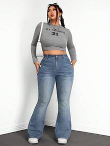SHEIN ICON 大码女式休闲时尚街头风高腰喇叭牛仔裤，适合日常通勤的喇叭牛仔裤 - 藍色 - 查看 5