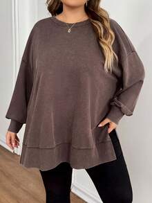 SHEIN CURVE+ Plus Size Solid Color Round Neck Casual Versatile Long Sleeve Sweatshirt Thanksgiving New Year - Brown - View 5