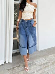 Sunnyshic Women's Pocketed Wide Leg Loose Casual Versatile Cropped Jeans - Light Wash - View 4
