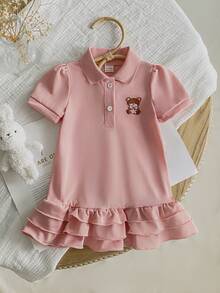 女婴休闲舒适连衣裙，胸前饰有可爱小熊刺绣 - 杏色 - 查看 1