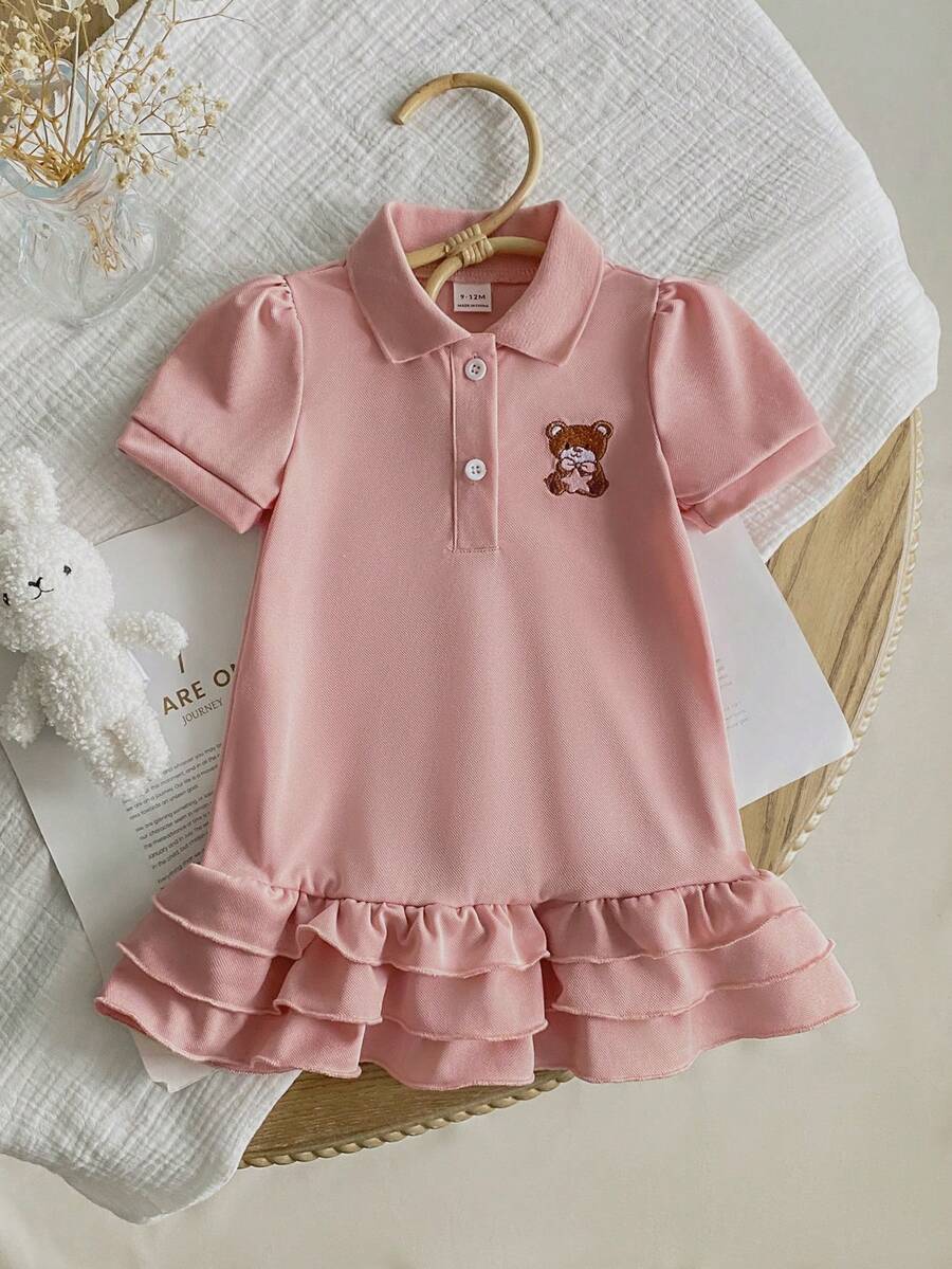 女婴休闲舒适连衣裙，胸前饰有可爱小熊刺绣 - 杏色 - 查看 1