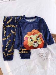 Baby Boys Pajamas-Pajama Set Navy Lion Face Top And Pants Long Sleeve Long Pants Four Season Wear 2026 New Year Holiday Essential Warm And Cute Style Warm And Comfortable - Royal Blue - View 1
