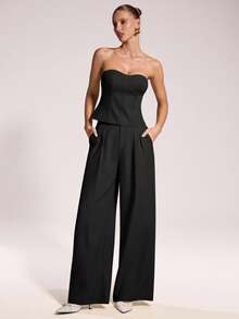 SHEIN BAE Women's Fashionable Solid Color Bandeau Blazer & Pants Set - Black - View 8
