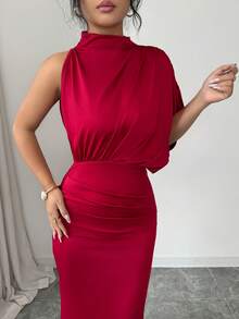 Elenzga Women's Elegant Burgundy Ruched Collar Sleeveless Fitted Flared Dress, Spring/Summer - Burgundy - View 3