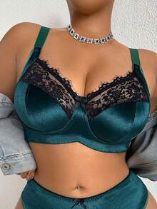 DesireSculpt 1pc Plus Size Lace Patchwork Wireless Bra - Green - View 1