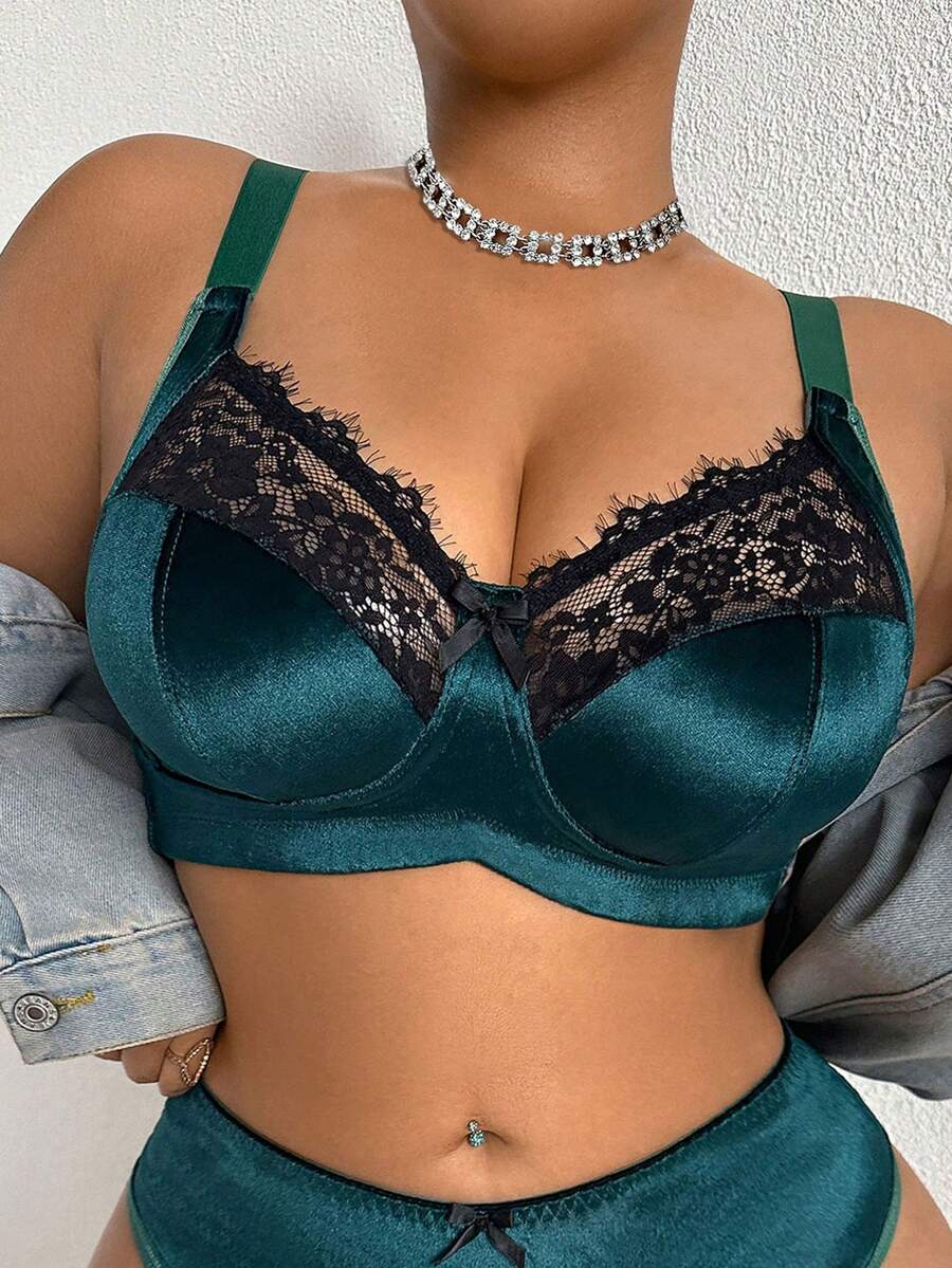 DesireSculpt 1pc Plus Size Lace Patchwork Wireless Bra - Green - View 1