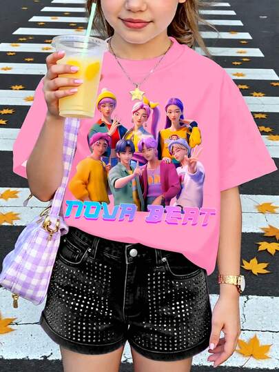 SHEIN 可爱粉色返校卡通女孩K-Pop巨星休闲简约圆领短袖T恤，适合夏季，Y2K风格服装