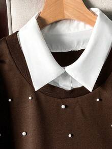 Lacomfia Women's 2 In 1 Long Sleeve Colorblock Pearl Decor Casual Comfortable Minimalist Chic Plus Size Sweatshirt - Brown - View 5