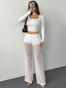 SHEIN PETITE Women's Elastic Waist Floral Lace Straight Loose Fashion Pants Sheer Pants Mesh Pants - White - View 4