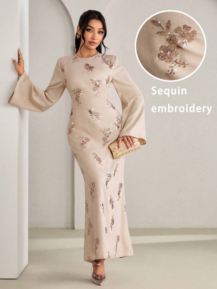 Veilorie Women's Floral Print Round Neck Elegant Long Sleeve Arabic Dress Luxury Dress For Women - Khaki - View 1