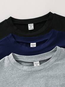 SHEIN 青少年男童3件套休闲简约舒适百搭保暖超值网纱纯色简约圆领T恤多件装；返校节；文艺复兴；秋季；服装；机场；鸡尾酒会；秋冬季 - 彩色 - 查看 4