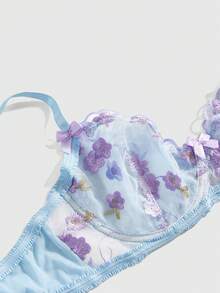 ROMWE Kawaii 3件套浪漫花卉刺绣网纱钢圈文胸、丁字裤和吊袜带性感内衣套装 - 藍色 - 查看 3