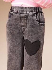 SUMWON Heart Applique Distressed Denim Wide Leg Jeans With Elastic Waist And Relaxed Fit For Comfortable Everyday Wear For Casual And Vacation - Black - View 8