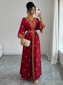 Đầm dài in họa tiết cổ điển Elenzga dành cho nữ, cổ chữ V, kiểu dáng nghỉ dưỡng và cung đình, mùa hè, viền bèo nhún. - Màu Đỏ Sâu - Xem 3