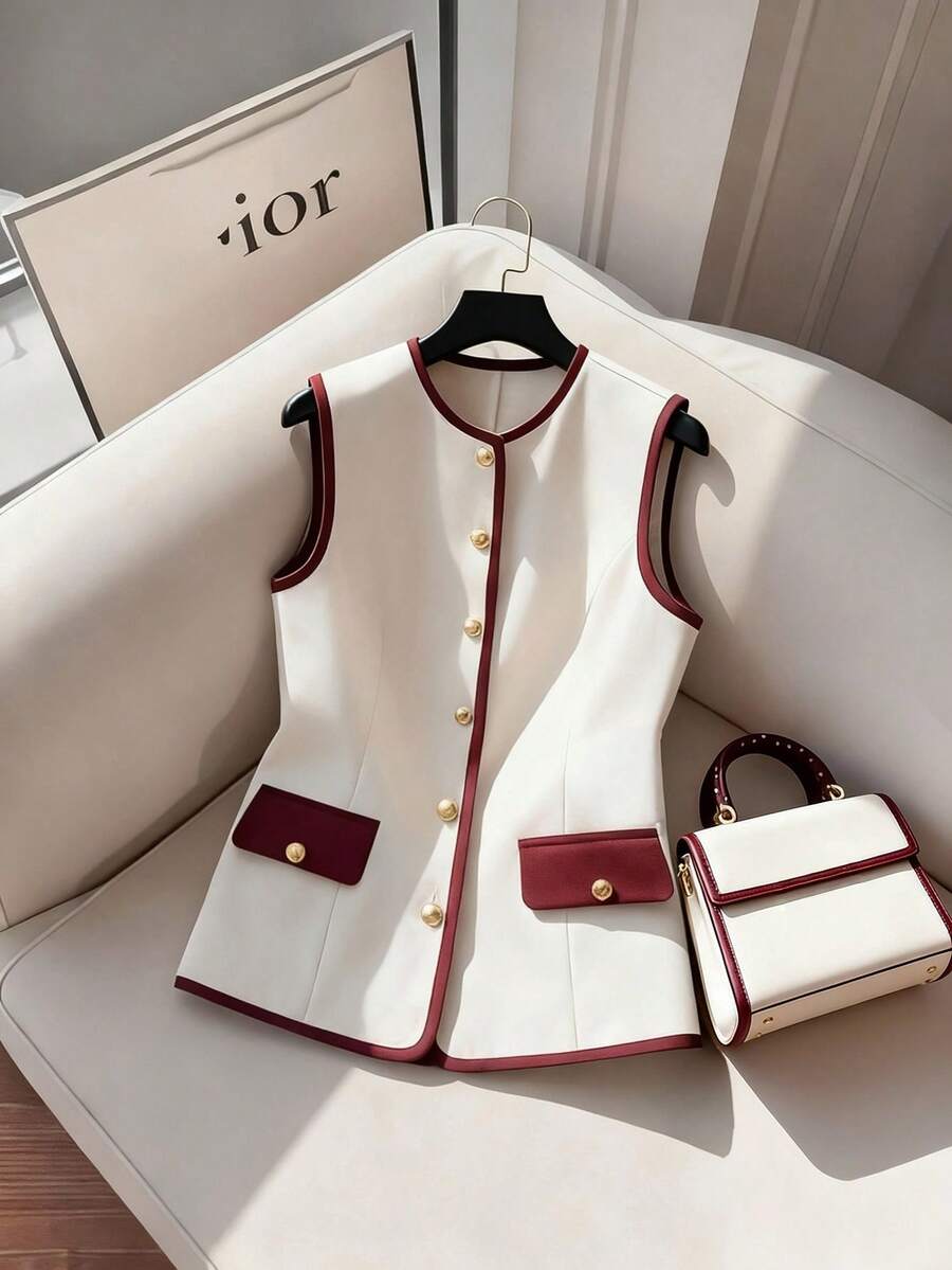 GlowEve Women's Elegant Round Neck Contrast Color Pocket Button Decor Vest