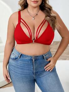 SHEIN CURVE+ 大码女式深V领蕾丝拼接浪漫吊带背心 情人节 - 紅色 - 查看 3