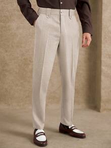 Core Aspect 杏色长款平纹梭织男士西装裤，带口袋，商务通勤风格，男士亚麻高腰裤，男士褶裥西装裤，米色男士西裤 - 杏色 - 查看 5