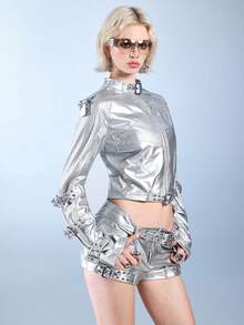 ROMWE Avant Retro Y3K Punk Racer Biker Style Casual Street PU Silver Fabric Short Women Jacket - Silver - View 7