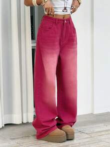 SHEIN ICON Celana Jeans Kasual Model Lebar Gaya Vintage dengan Tampilan Cuci - Merah - View 5