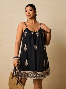 Travachic Plus Size Women's Floral Pattern Sleeveless Romper,Vacation Style,Tea Party Summer,Back To School,Homecoming,Old Money Style - Black - View 4