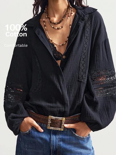 Bohemela Boho Women's Simple Solid Color Contrast Lace Loose Button Down Black Boho Blouse, Western Vintage Country Style Vacation Outfits For Summer/Autumn