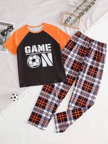 2pcs/Set Tween Boys Fashionable Pajama Set, Football Graphic Top Paired With Plaid Pants, Loungewear - Multicolor - View 4