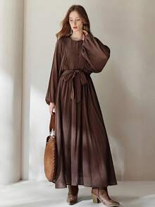 Aveloria Modichic Đầm nữ mùa Thu/Đông mới, tay phồng, màu cà phê trơn, dáng rộng, cổ tròn, đa năng, cài cúc và thắt nơ, tay dài, thướt tha. - màu nâu - Xem 4