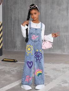SHEIN Sparklyn Girls' Fashionable Floral, Heart, Rainbow & Graffiti Print Casual Soft Washed Denim Adjustable Strap Loose Fit Jumpsuit, Suitable For Layering With Short/Long Sleeve Tops, Perfect For Daily Wear And Travel, All Seasons Fall Winter