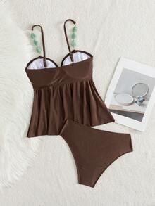 Swim Chiccia 夏季度假性感纯色无肩带荷叶边比基尼套装 - 棕色 - 查看 7