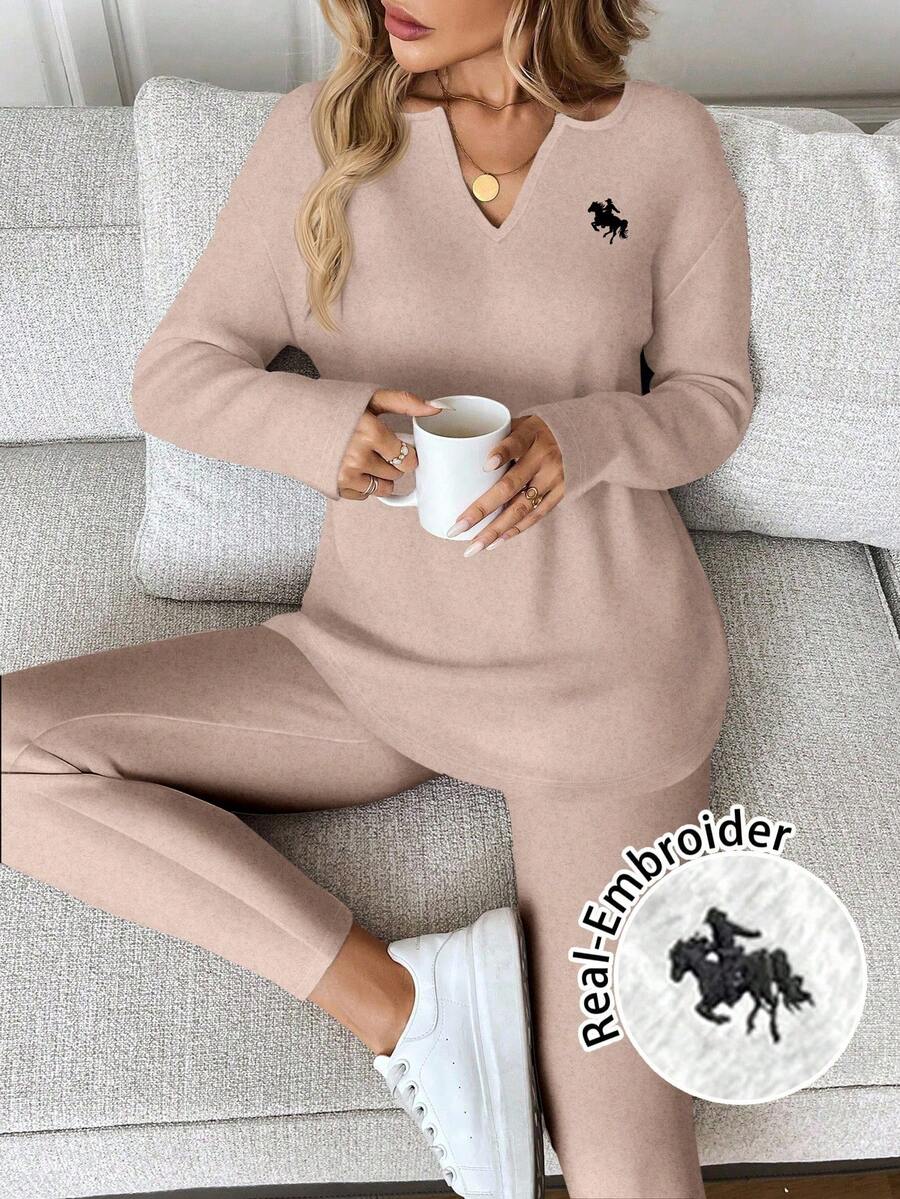 SHEIN LUNE 2pcs/Set Women Long Sleeve T-Shirt And Leggings, Autumn/Winter Carnival - Apricot - View 1