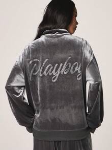 Missguided x Playboy 天鹅绒拉链卫衣，侧边饰有条纹和水钻logo，适合休闲冬季穿着 - 灰色 - 查看 2
