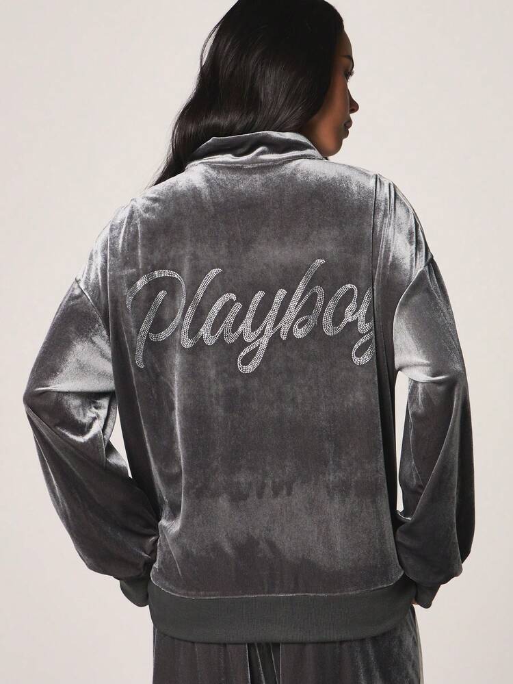Missguided x Playboy Sweat-shirt-shirt zippé en velours avec détail de rayure latérale et ornement de logo strass pour le port décontracté en hiver