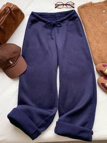 SHEIN EZwear Women's Casual Loose Solid Color Drawstring Waist Sweat Pants Graduation,Back To School Outfits,Graduation,Teacher Outfits For Women,Back To School - Navy Blue - View 8