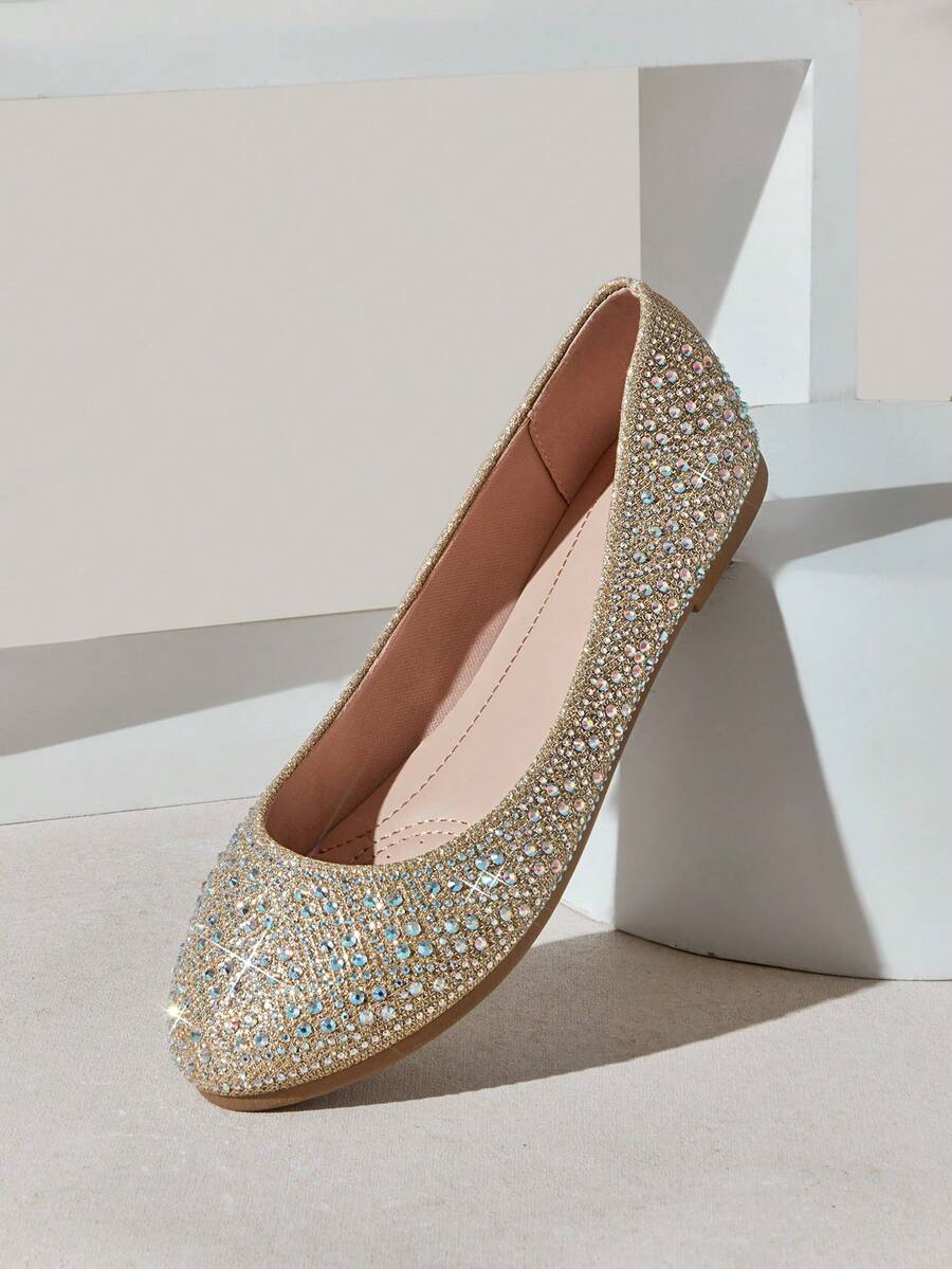 SHUZIA Bailarinas cómodas con puntera redonda y rhinestones para mujer - Champán - Ver 1