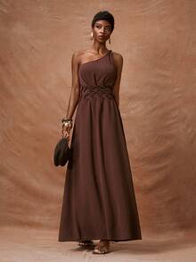 Zivah 2026 Spring/Summer New Arrival One Shoulder Twist Waist Woven Detailing Real Pockets A-Line Dress - Mocha Brown - View 6