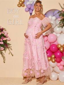 Loomaby Đầm dài trễ vai thời trang bà bầu cho tiệc mừng em bé sắp chào đời. - Hồng - Xem 7