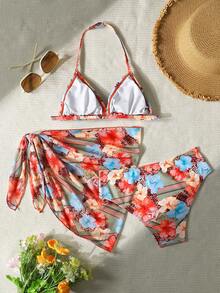 SHEIN 3pcs/Set Vacation Printed Halter Tie Wrap Skirt Beach Outfit - Multicolor - View 2