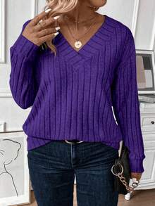 EMERY ROSE Plus Size Women's Casual Stylish Simple V-Neck Ribbed Sweatshirt, Spring/Autumn Fall - Purple - View 1