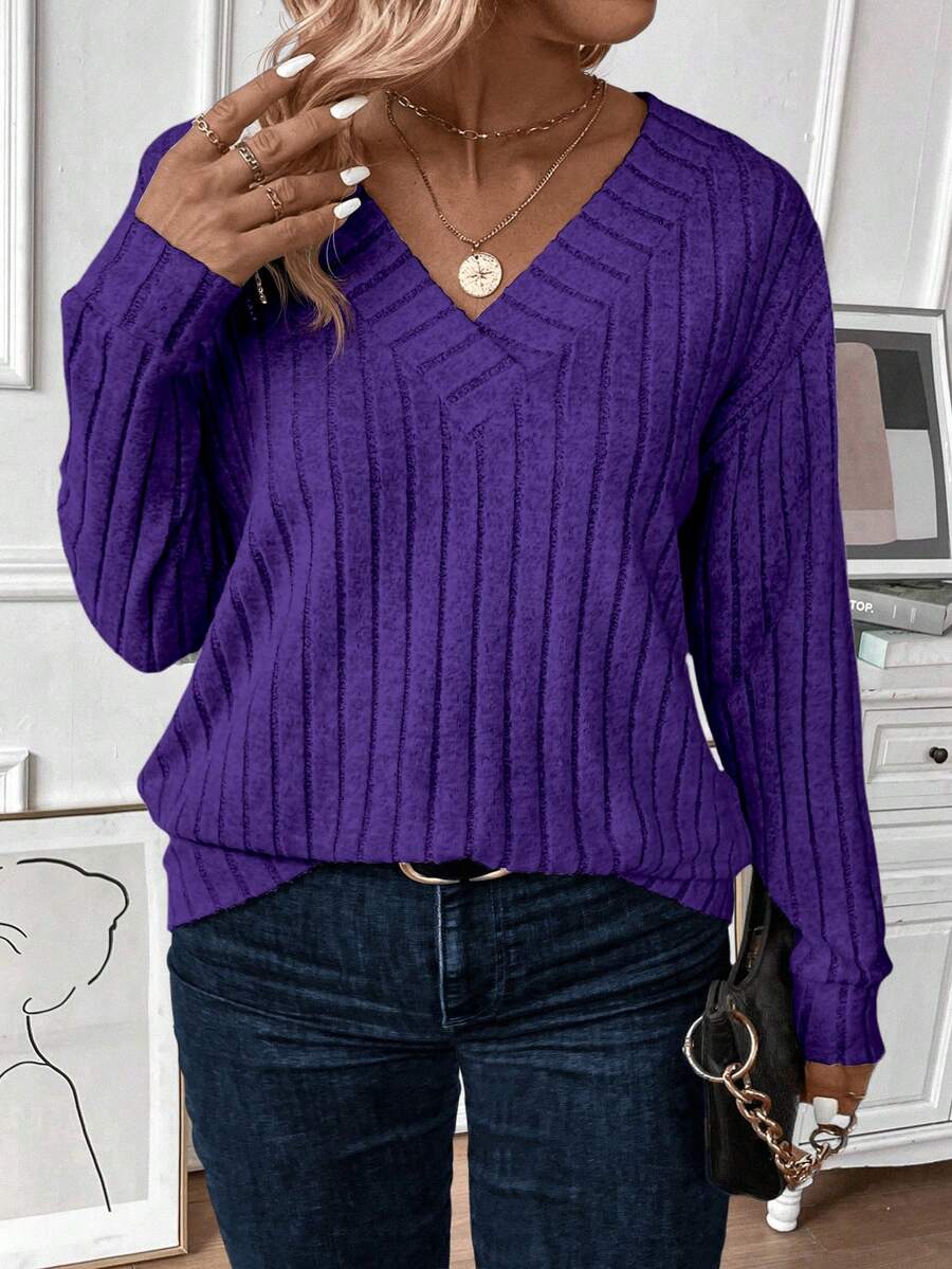 EMERY ROSE Plus Size Women's Casual Stylish Simple V-Neck Ribbed Sweatshirt, Spring/Autumn Fall - Purple - View 1