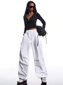 SHEIN EZwear 側翻蓋口袋腰部抽繩降落傘工裝褲 - 白色 - 查看 4