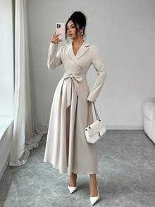 Rafferiza 女士修身长款系带通勤连衣裙 - 杏色 - 查看 3