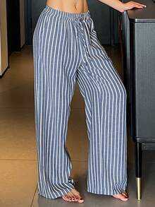 DAZY 女士系带条纹宽松睡裤 - 藍白色 - 查看 6
