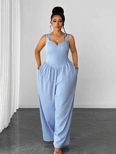 Maweii Plus Size Women Solid Color Sweetheart Neck Ruffle Detail Cocoon Jumpsuit