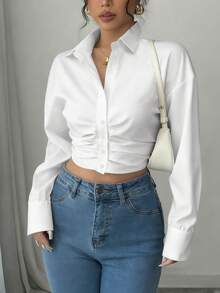 Selianne Women's Versatile Solid Color Ruched Cropped Shirt For Commuting - White - View 1