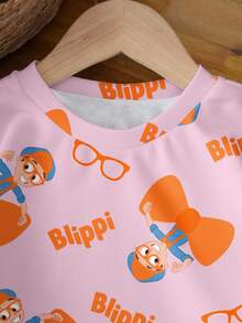 Blippi X SHEIN Young Girl Casual Cartoon Pattern Crew Neck Sweatshirt, Autumn - White - View 3